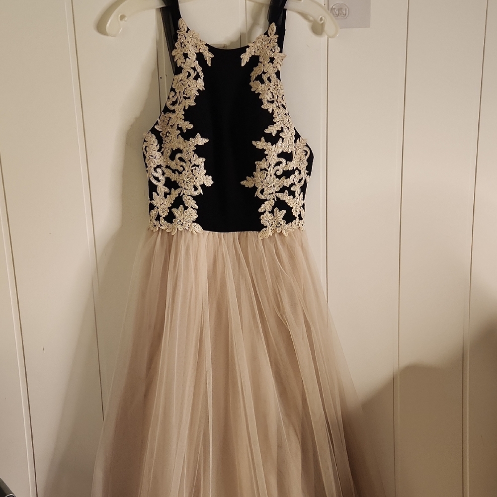Womens Prom Dress Black/Beige Tulle Party Dress w Lace Appliqué Princess Dress